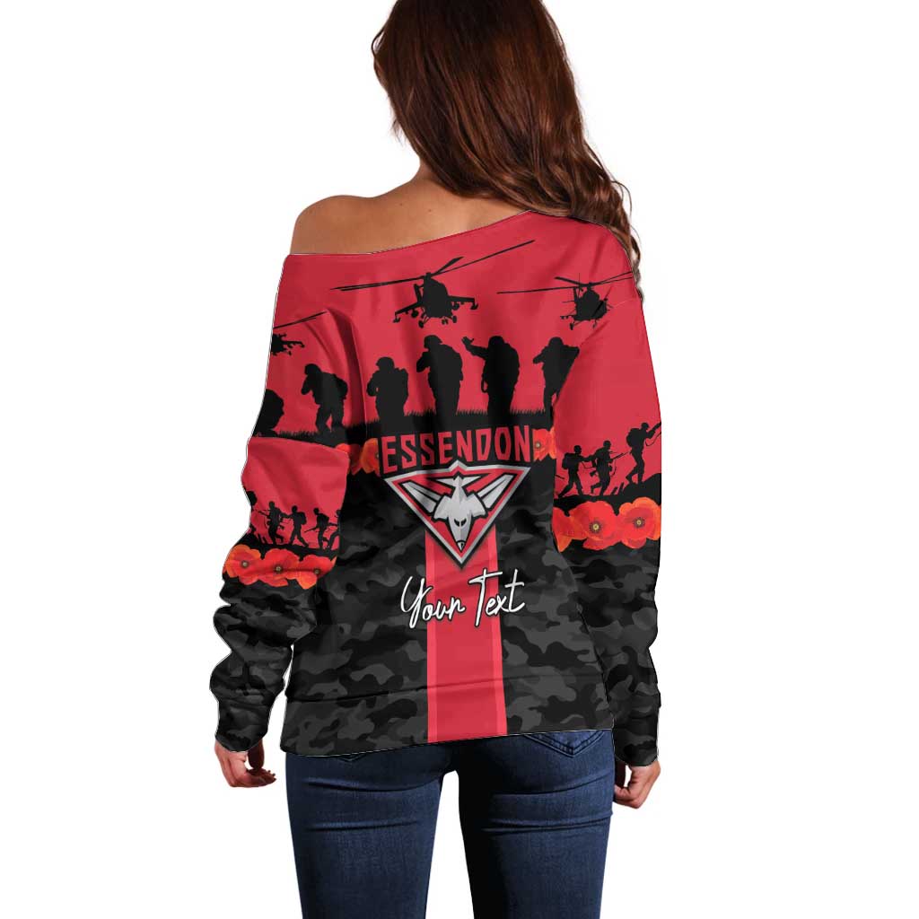 Personalised Essendon Football ANZAC Day Off Shoulder Sweater Bombers Poppy Lest We Forget