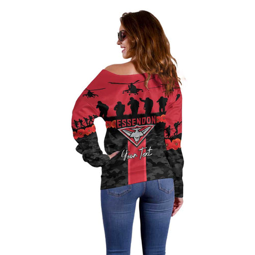 Personalised Essendon Football ANZAC Day Off Shoulder Sweater Bombers Poppy Lest We Forget