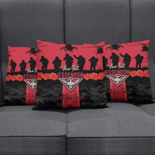 Personalised Essendon Football ANZAC Day Pillow Cover Bombers Poppy Lest We Forget