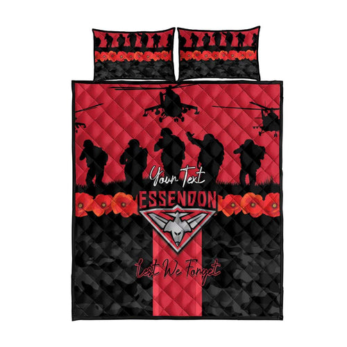 Personalised Essendon Football ANZAC Day Quilt Bed Set Bombers Poppy Lest We Forget