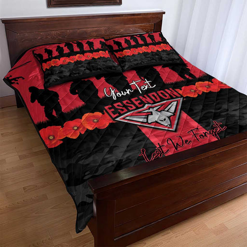 Personalised Essendon Football ANZAC Day Quilt Bed Set Bombers Poppy Lest We Forget