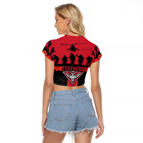 Personalised Essendon Football ANZAC Day Raglan Cropped T Shirt Bombers Poppy Lest We Forget