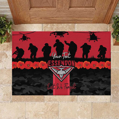 Personalised Essendon Football ANZAC Day Rubber Doormat Bombers Poppy Lest We Forget