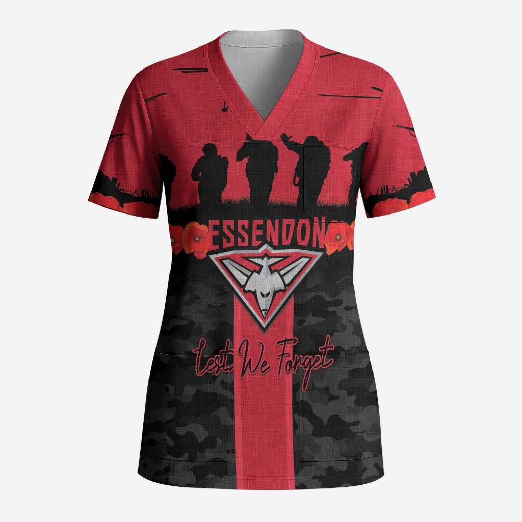 Personalised Essendon Football ANZAC Day Scrub Top Bombers Poppy Lest We Forget