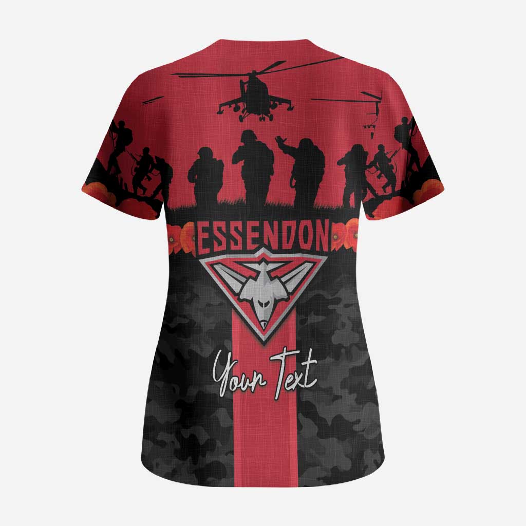 Personalised Essendon Football ANZAC Day Scrub Top Bombers Poppy Lest We Forget