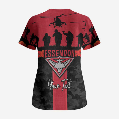 Personalised Essendon Football ANZAC Day Scrub Top Bombers Poppy Lest We Forget
