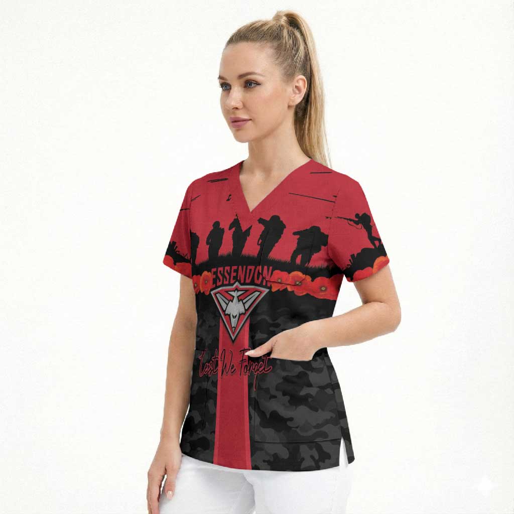 Personalised Essendon Football ANZAC Day Scrub Top Bombers Poppy Lest We Forget