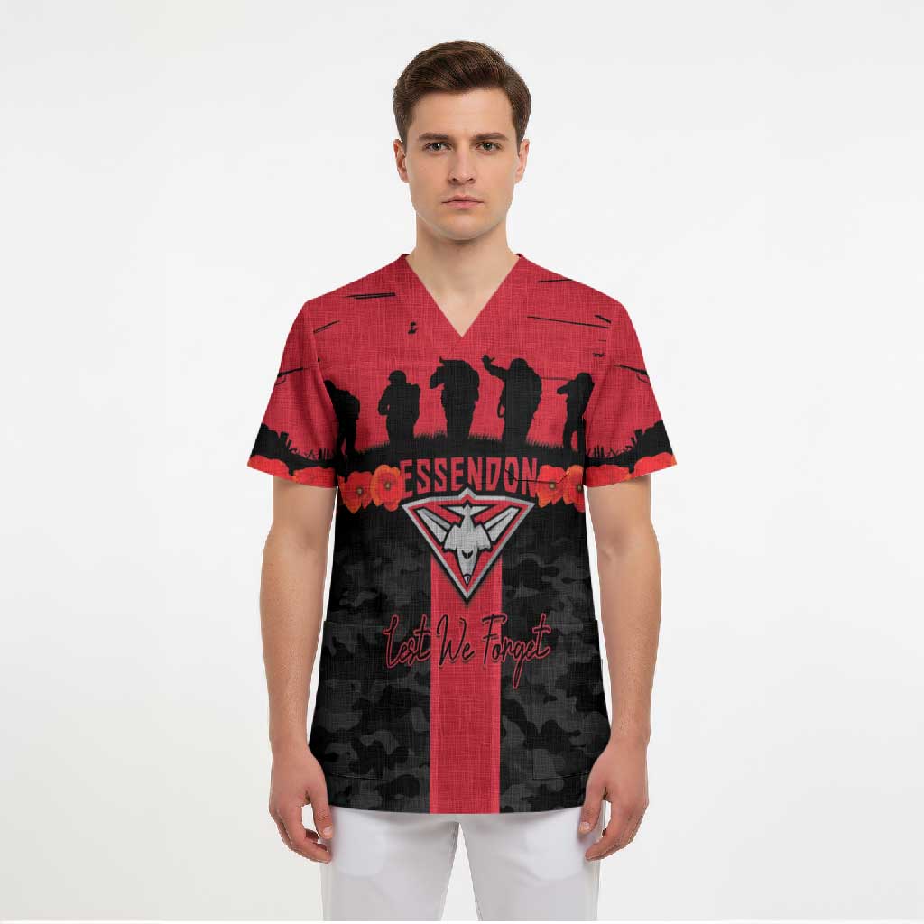 Personalised Essendon Football ANZAC Day Scrub Top Bombers Poppy Lest We Forget