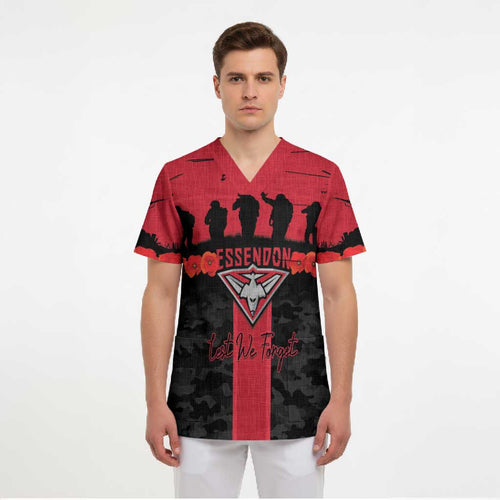 Personalised Essendon Football ANZAC Day Scrub Top Bombers Poppy Lest We Forget
