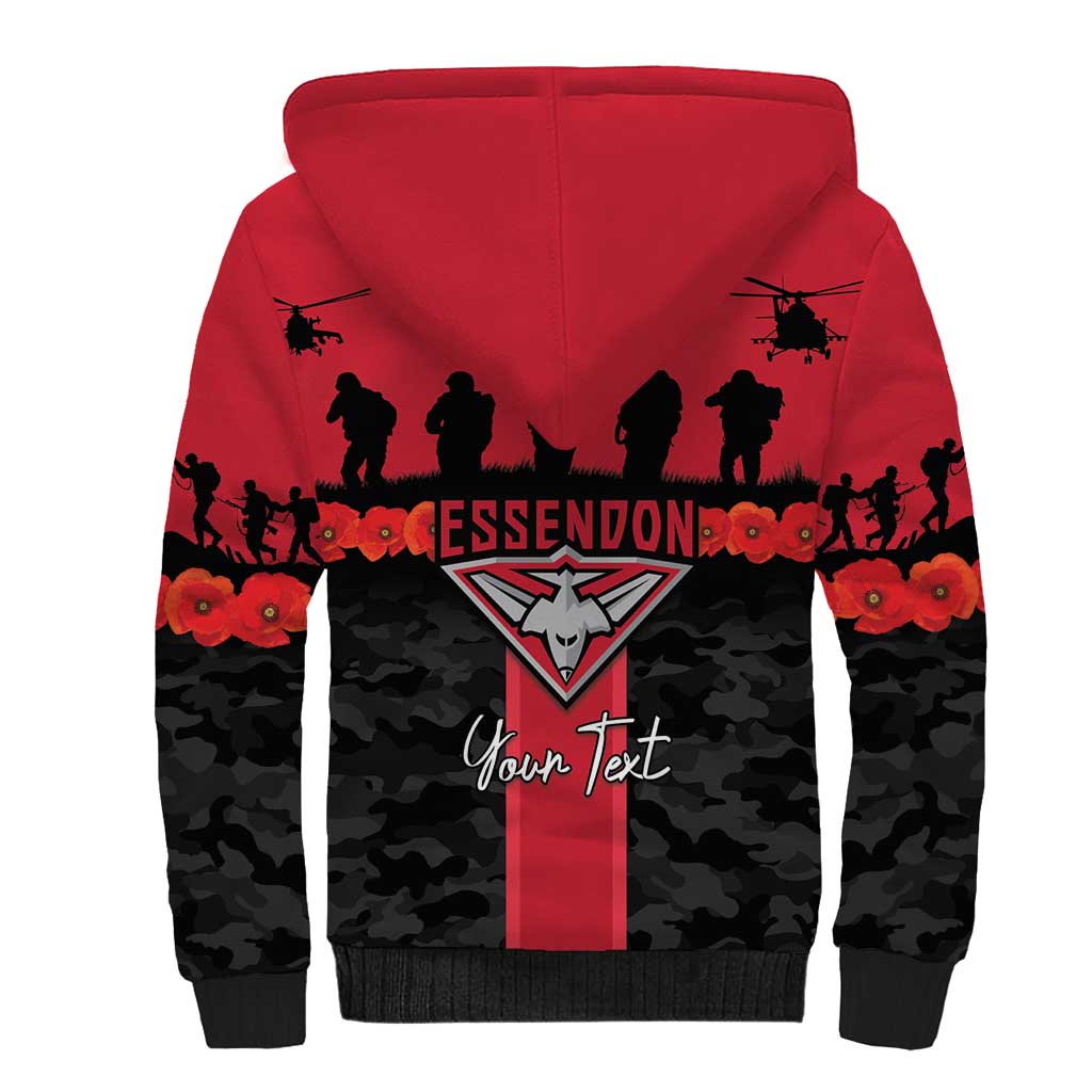 Personalised Essendon Football ANZAC Day Sherpa Hoodie Bombers Poppy Lest We Forget