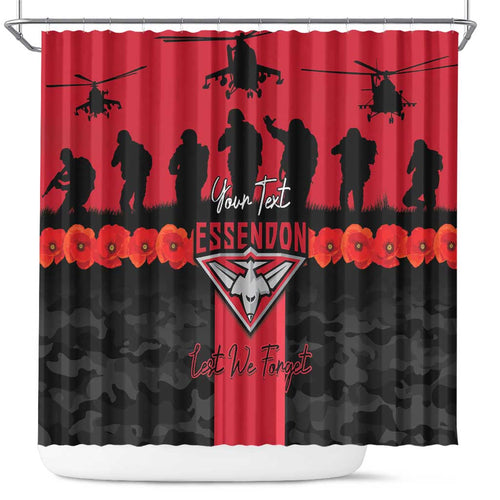 Personalised Essendon Football ANZAC Day Shower Curtain Bombers Poppy Lest We Forget