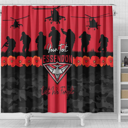 Personalised Essendon Football ANZAC Day Shower Curtain Bombers Poppy Lest We Forget