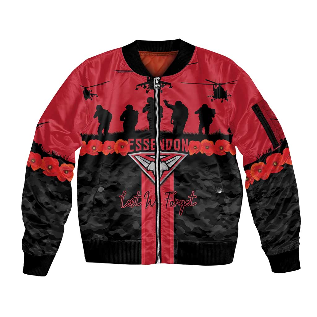 Personalised Essendon Football ANZAC Day Sleeve Zip Bomber Jacket Bombers Poppy Lest We Forget