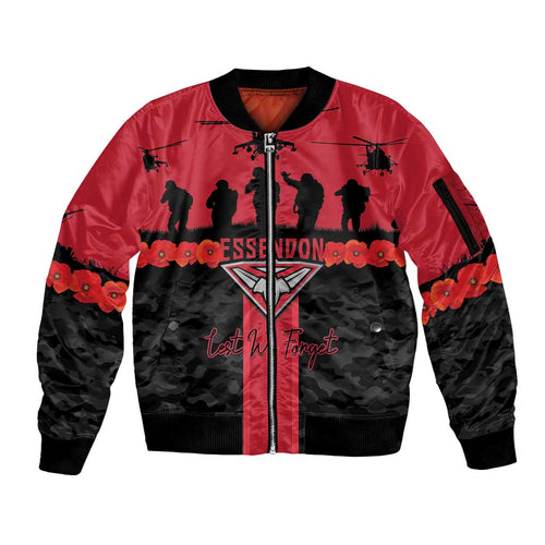 Personalised Essendon Football ANZAC Day Sleeve Zip Bomber Jacket Bombers Poppy Lest We Forget