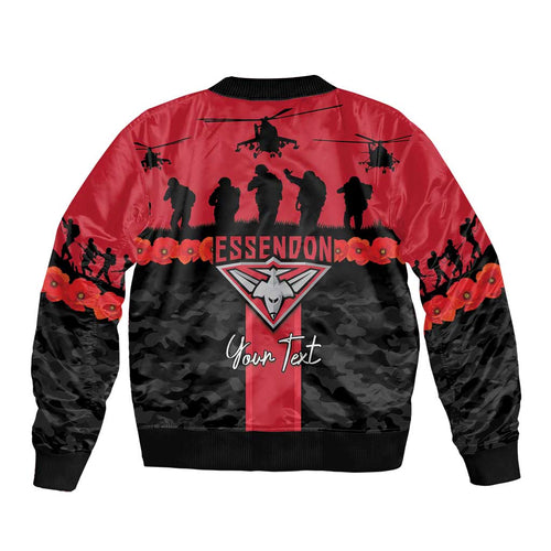 Personalised Essendon Football ANZAC Day Sleeve Zip Bomber Jacket Bombers Poppy Lest We Forget