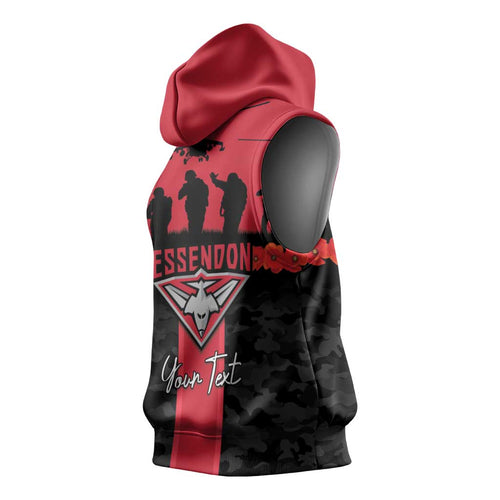 Personalised Essendon Football ANZAC Day Sleeveless Hoodie Bombers Poppy Lest We Forget