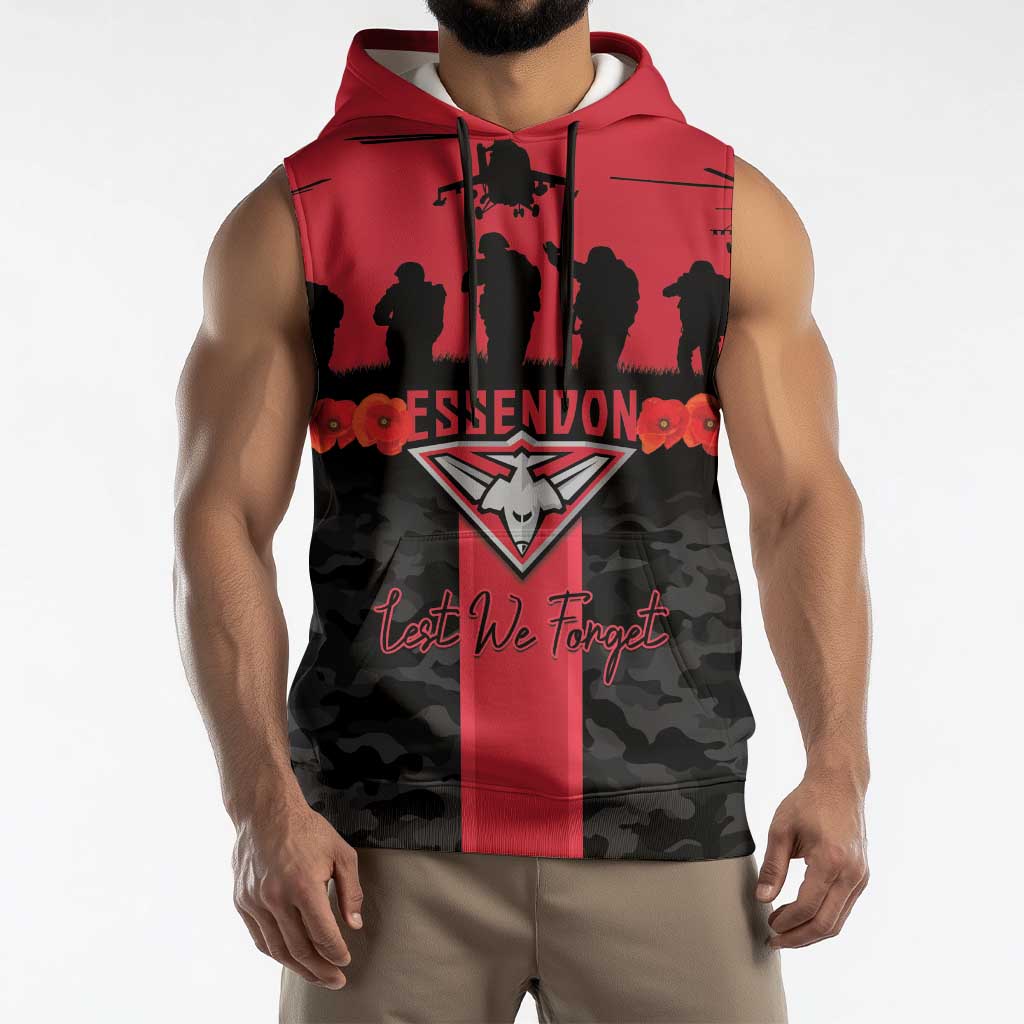 Personalised Essendon Football ANZAC Day Sleeveless Hoodie Bombers Poppy Lest We Forget