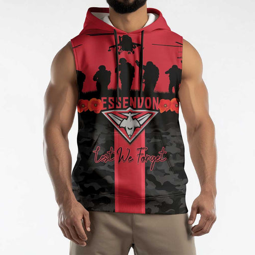 Personalised Essendon Football ANZAC Day Sleeveless Hoodie Bombers Poppy Lest We Forget