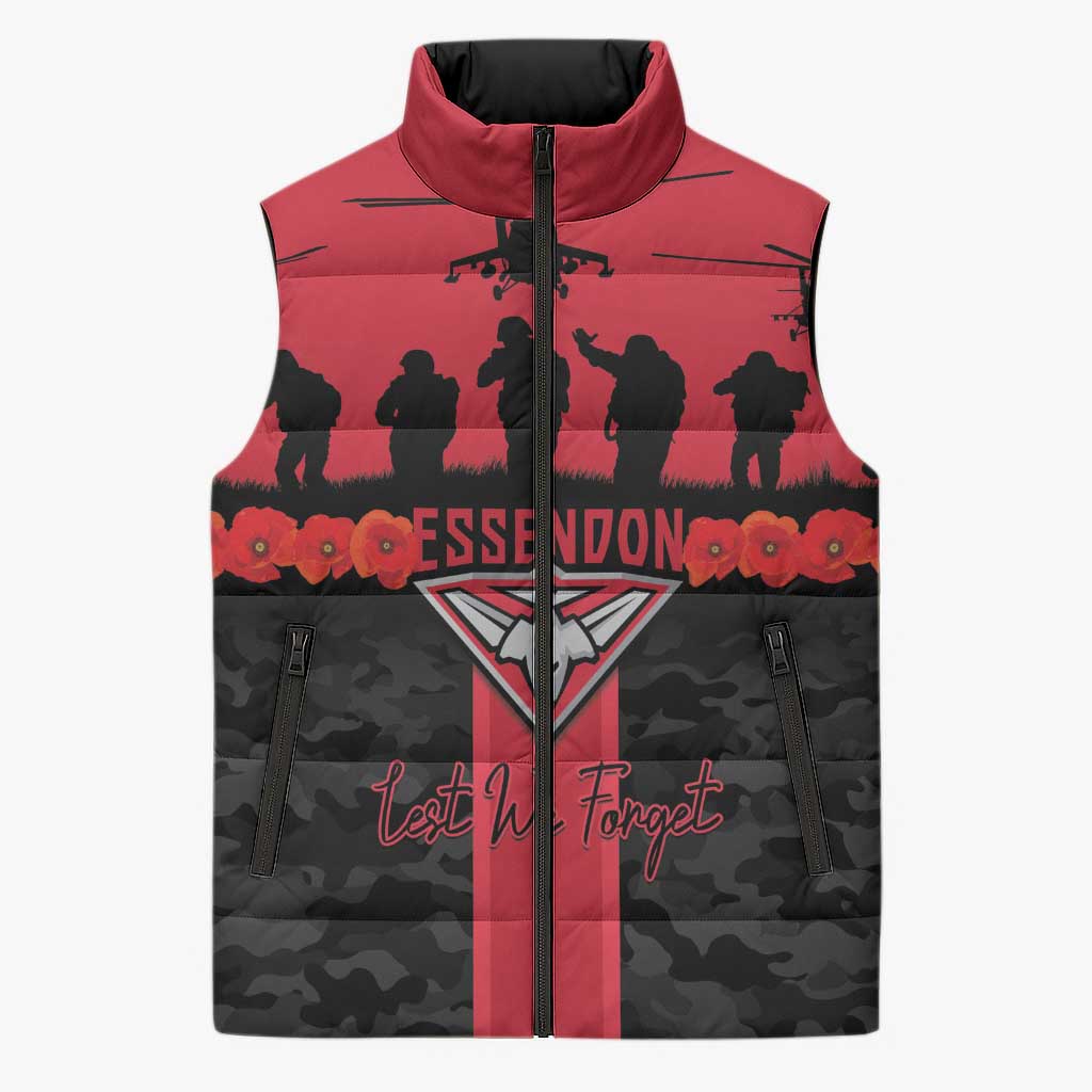 Personalised Essendon Football ANZAC Day Sleeveless Puffer Jacket Bombers Poppy Lest We Forget