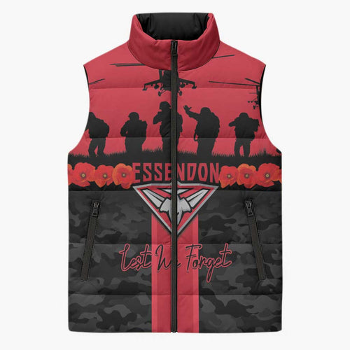 Personalised Essendon Football ANZAC Day Sleeveless Puffer Jacket Bombers Poppy Lest We Forget