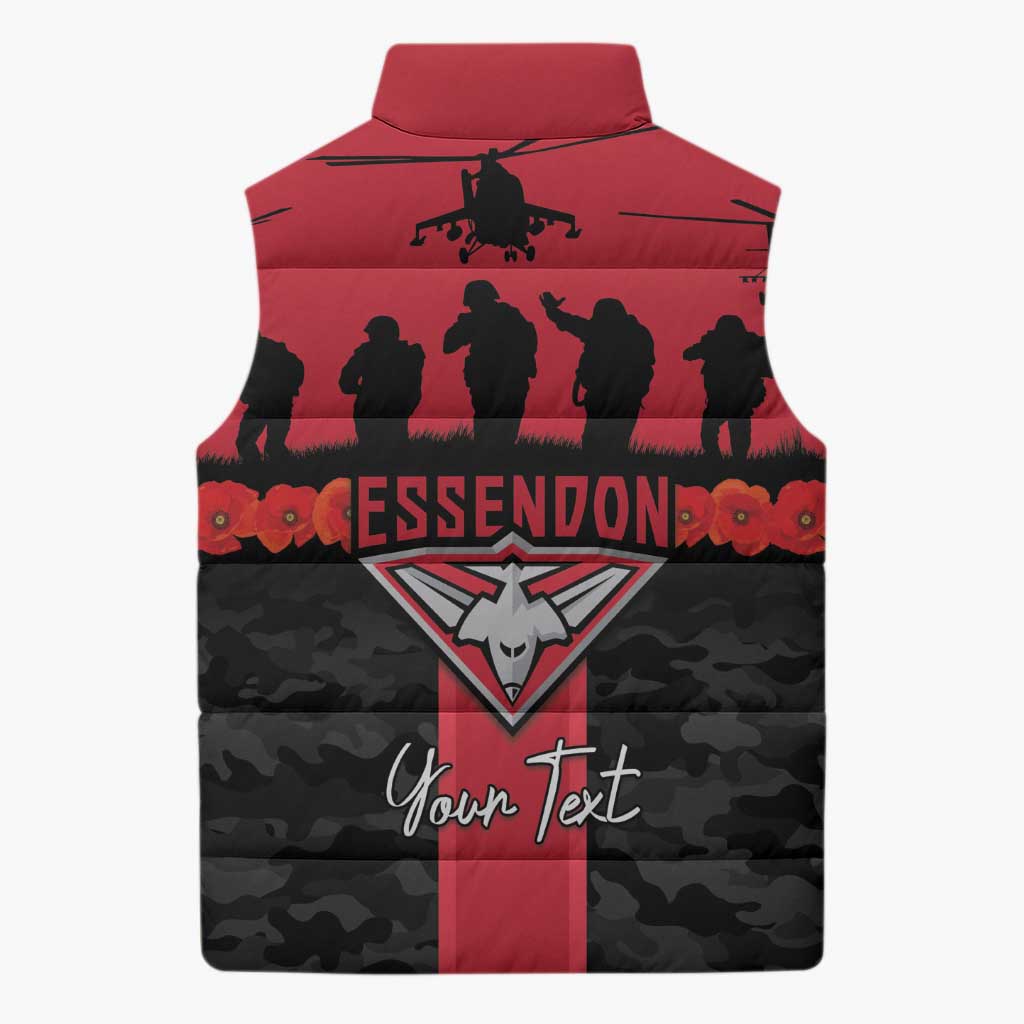 Personalised Essendon Football ANZAC Day Sleeveless Puffer Jacket Bombers Poppy Lest We Forget