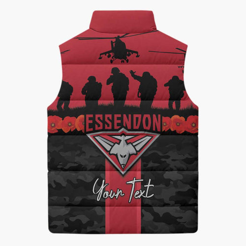 Personalised Essendon Football ANZAC Day Sleeveless Puffer Jacket Bombers Poppy Lest We Forget
