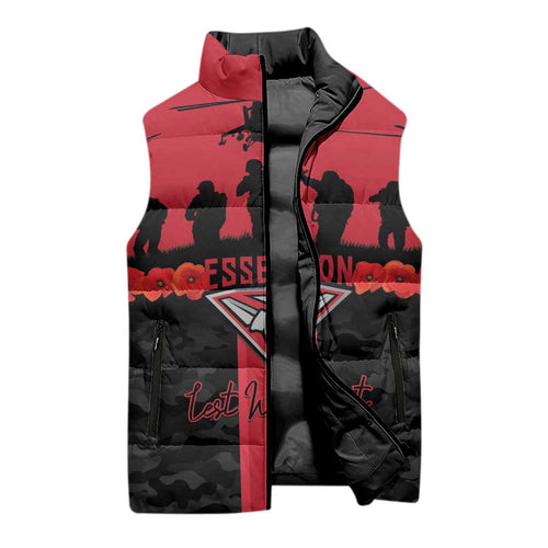Personalised Essendon Football ANZAC Day Sleeveless Puffer Jacket Bombers Poppy Lest We Forget