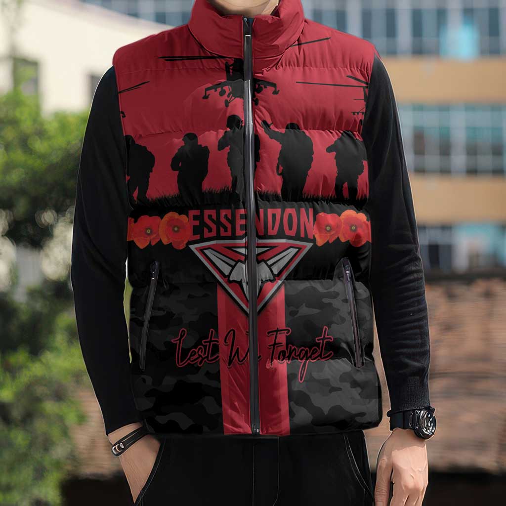 Personalised Essendon Football ANZAC Day Sleeveless Puffer Jacket Bombers Poppy Lest We Forget