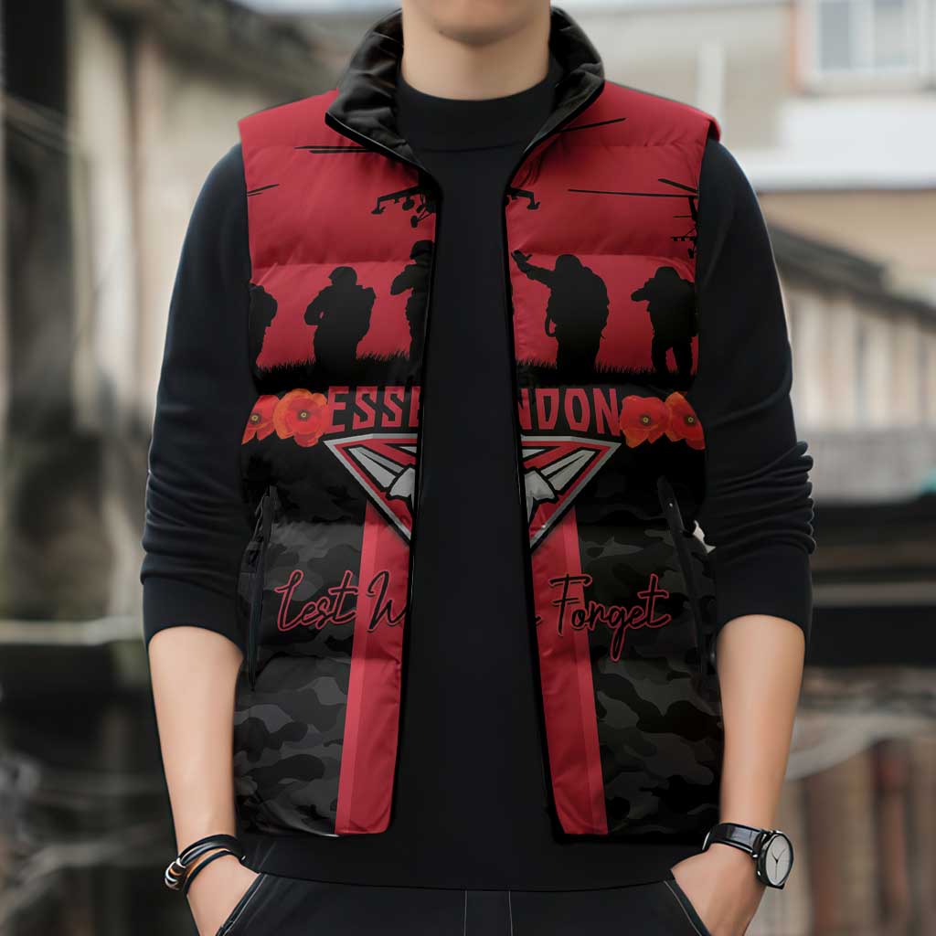 Personalised Essendon Football ANZAC Day Sleeveless Puffer Jacket Bombers Poppy Lest We Forget