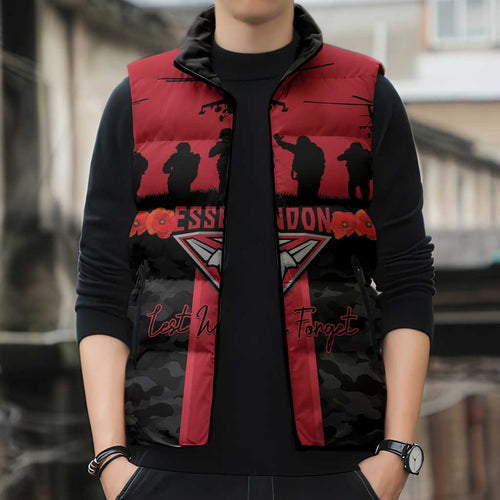 Personalised Essendon Football ANZAC Day Sleeveless Puffer Jacket Bombers Poppy Lest We Forget