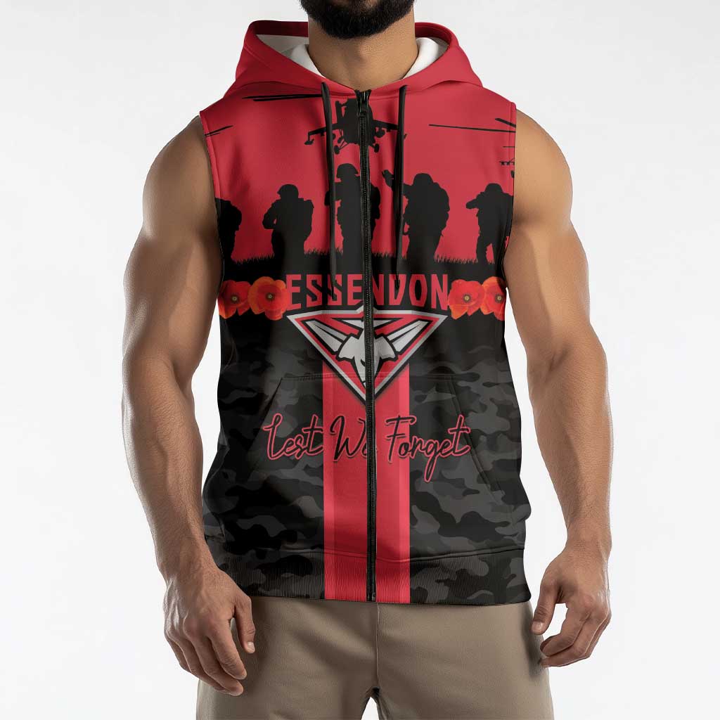 Personalised Essendon Football ANZAC Day Sleeveless Zip Hoodie Bombers Poppy Lest We Forget