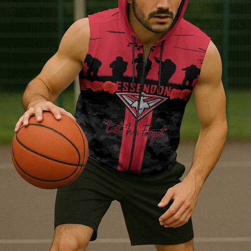 Personalised Essendon Football ANZAC Day Sleeveless Zip Hoodie Bombers Poppy Lest We Forget