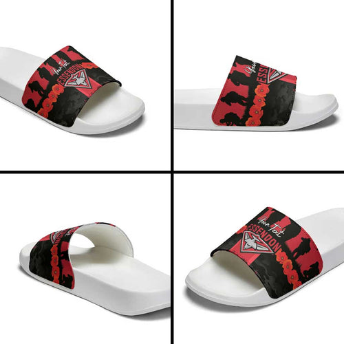 Personalised Essendon Football ANZAC Day Slide Sandals Bombers Poppy Lest We Forget