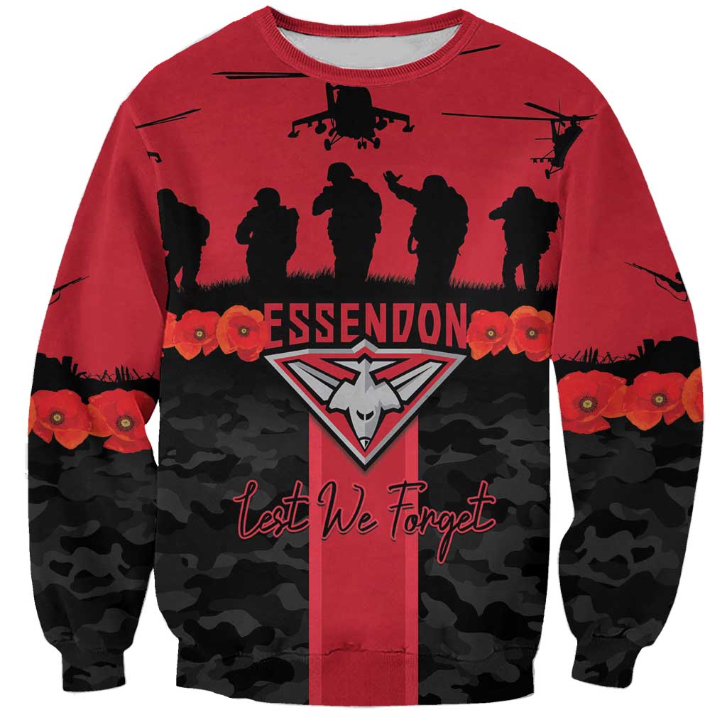 Personalised Essendon Football ANZAC Day Sweatshirt Bombers Poppy Lest We Forget