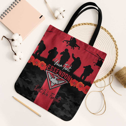 Personalised Essendon Football ANZAC Day Tote Bag Bombers Poppy Lest We Forget