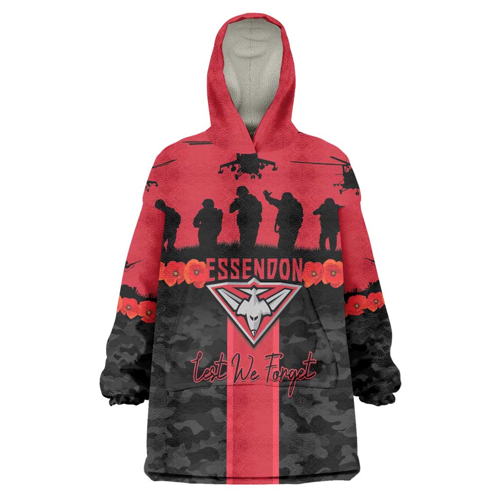 Personalised Essendon Football ANZAC Day Wearable Blanket Hoodie Bombers Poppy Lest We Forget