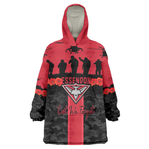 Personalised Essendon Football ANZAC Day Wearable Blanket Hoodie Bombers Poppy Lest We Forget