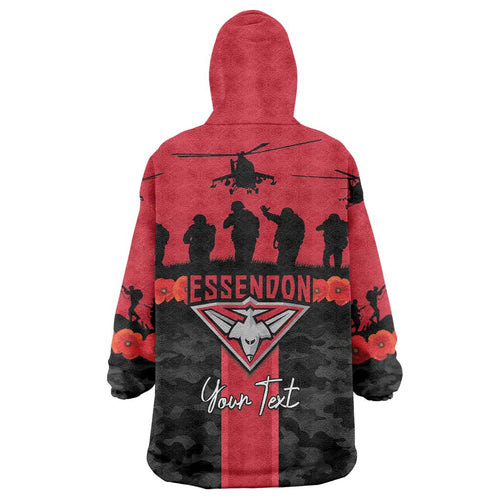 Personalised Essendon Football ANZAC Day Wearable Blanket Hoodie Bombers Poppy Lest We Forget