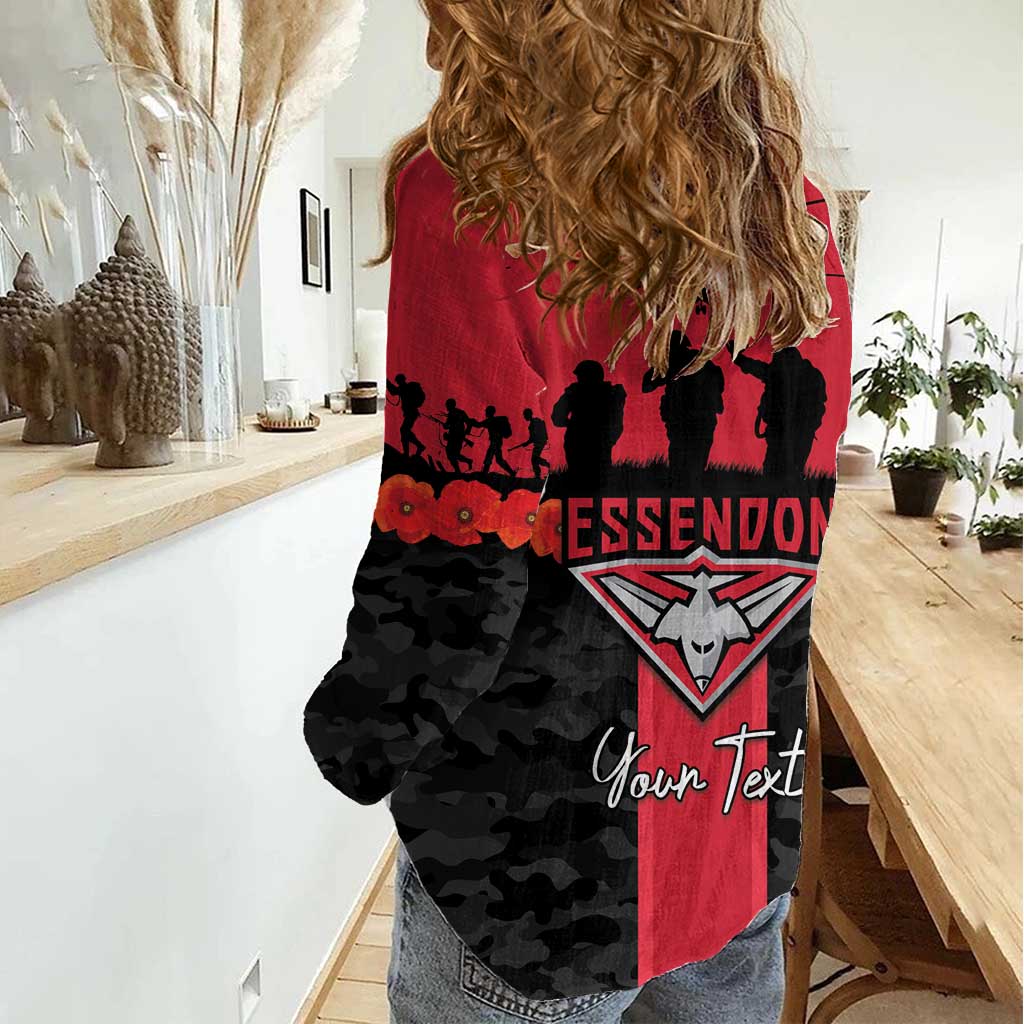 Personalised Essendon Football ANZAC Day Women Casual Shirt Bombers Poppy Lest We Forget