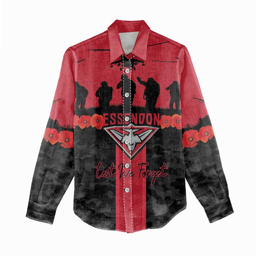 Personalised Essendon Football ANZAC Day Women Casual Shirt Bombers Poppy Lest We Forget