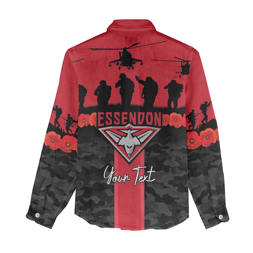 Personalised Essendon Football ANZAC Day Women Casual Shirt Bombers Poppy Lest We Forget