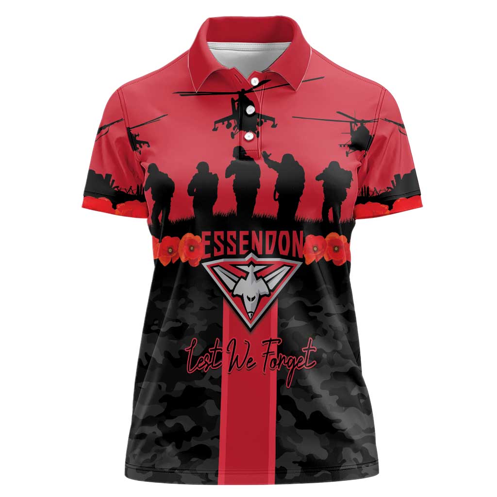 Personalised Essendon Football ANZAC Day Women Polo Shirt Bombers Poppy Lest We Forget