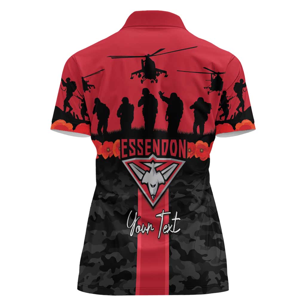 Personalised Essendon Football ANZAC Day Women Polo Shirt Bombers Poppy Lest We Forget