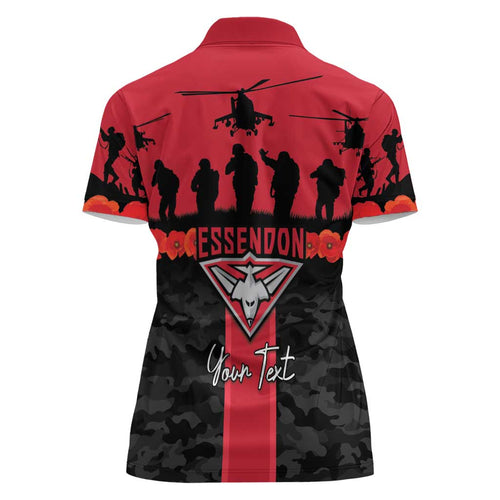 Personalised Essendon Football ANZAC Day Women Polo Shirt Bombers Poppy Lest We Forget