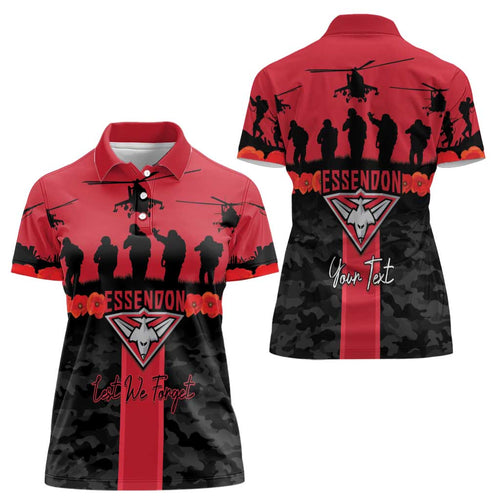 Personalised Essendon Football ANZAC Day Women Polo Shirt Bombers Poppy Lest We Forget