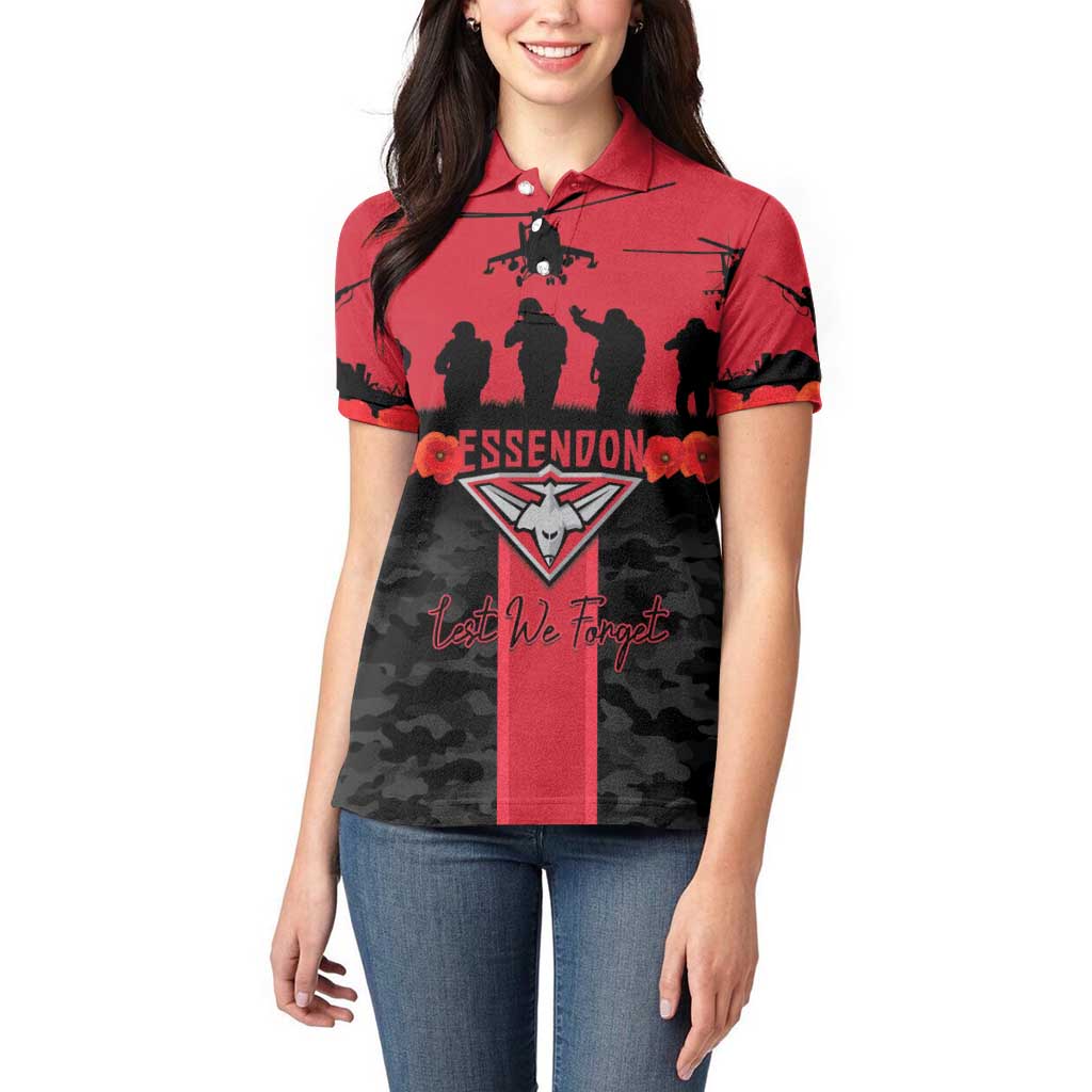 Personalised Essendon Football ANZAC Day Women Polo Shirt Bombers Poppy Lest We Forget