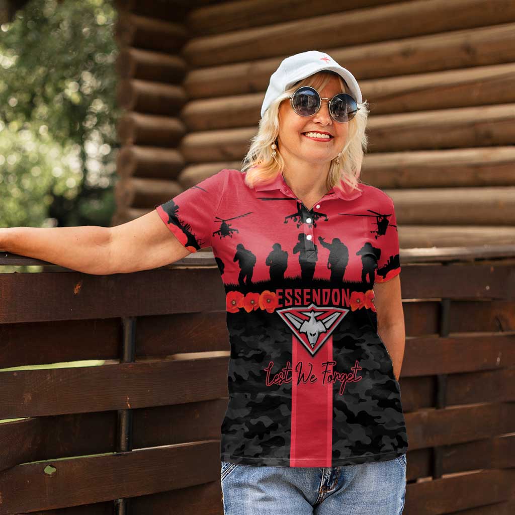 Personalised Essendon Football ANZAC Day Women Polo Shirt Bombers Poppy Lest We Forget