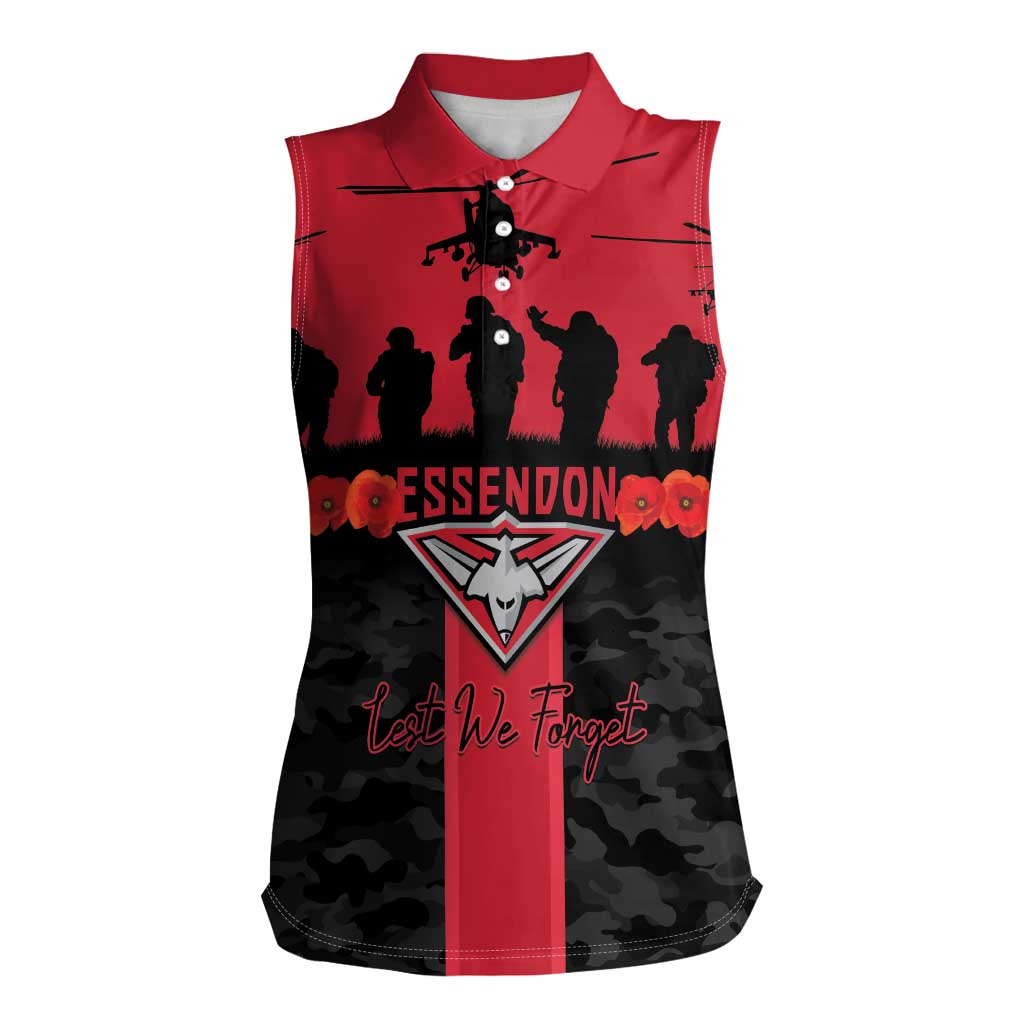 Personalised Essendon Football ANZAC Day Women Sleeveless Polo Shirt Bombers Poppy Lest We Forget