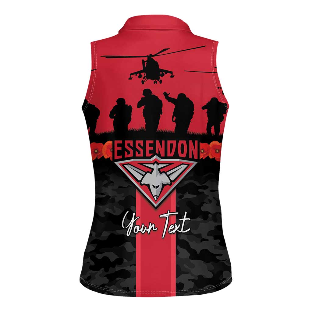 Personalised Essendon Football ANZAC Day Women Sleeveless Polo Shirt Bombers Poppy Lest We Forget