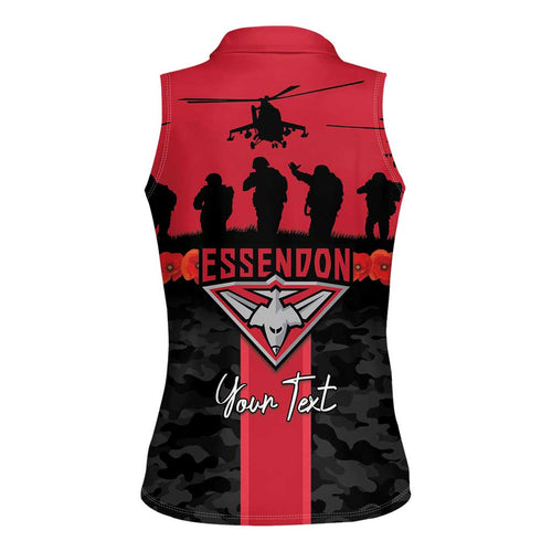 Personalised Essendon Football ANZAC Day Women Sleeveless Polo Shirt Bombers Poppy Lest We Forget